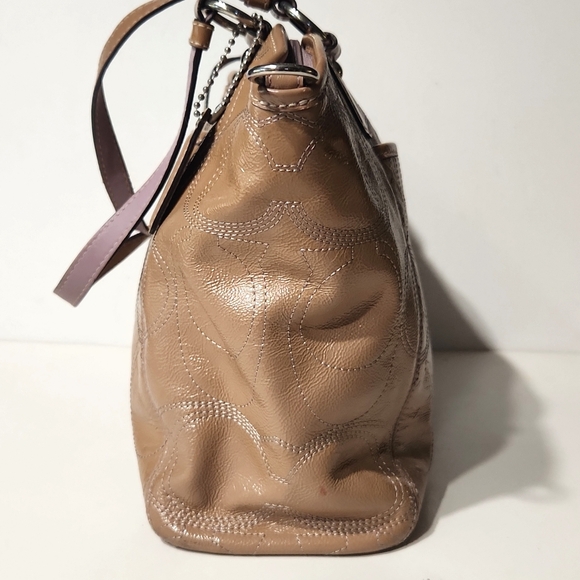 Coach Signature Stitch Patent Leather Tan with Lavender Large Tote Bag - Picture 9 of 16